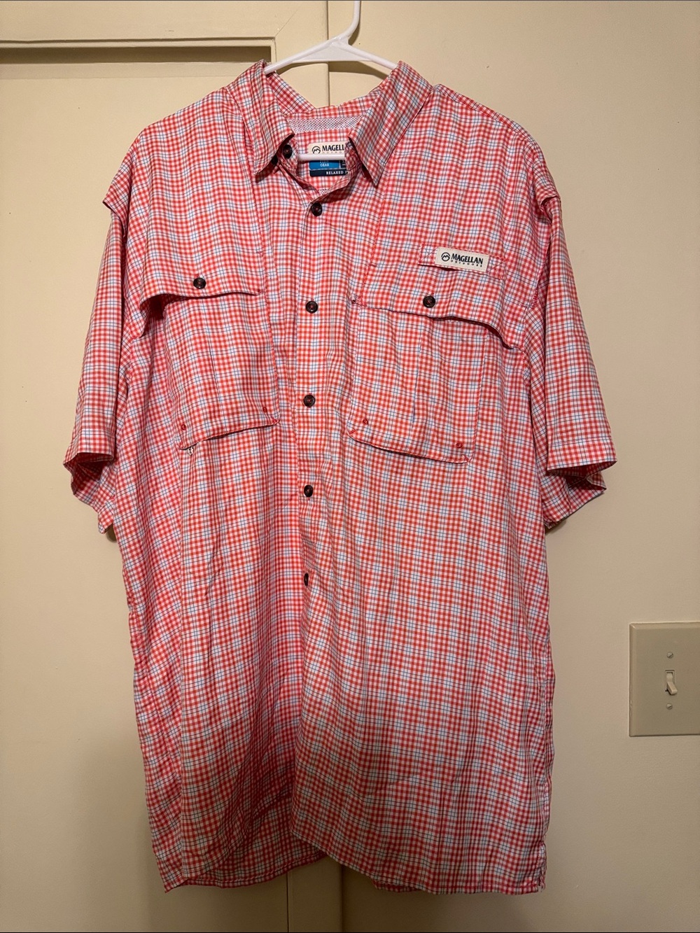 Magellan Outdoors Orange and White Plaid Short Sleeve Button-Down Shirt